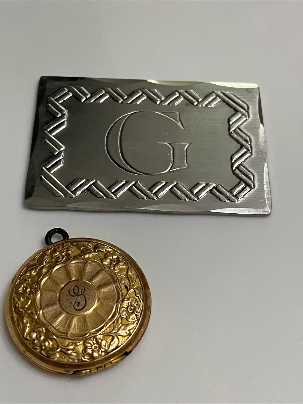 Monogrammed G Silver Money Clip and Gold Locket Set